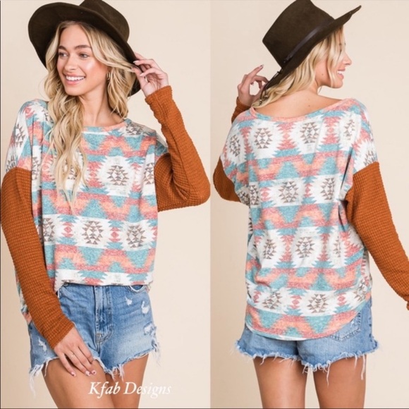 (56)🧡LAST1️⃣🧡New Adorable Color Block Aztec Print Relaxed Fit Thermal Top - Picture 4 of 9